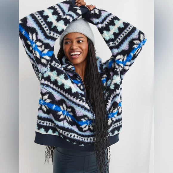 Aerie Fair-Isle Teddy Bear Sherpa Holiday Cozy 1/4 Zip Pullover - XS - Picture 1 of 13